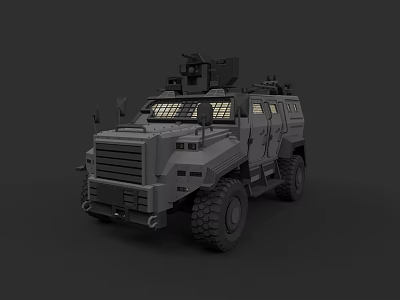 Gray Military Armored Vehicle With Large Tires And Roof Mounted Weapon System 3d model