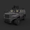 Gray Military Armored Vehicle With Large Tires And Roof Mounted Weapon System