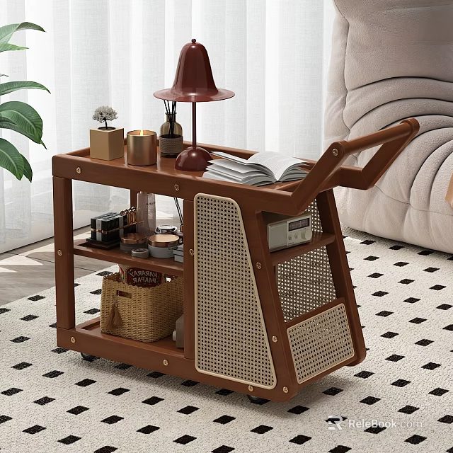 Wooden Movable Side Table With Rattan Design And Storage Shelves For Living Room 3d model 