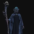 Mystical Game and Movie Character Standing With Green Head Mask Black Robe Holding Skull Staff