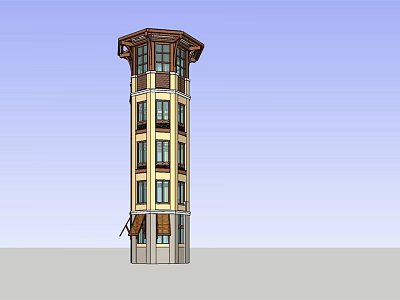 Traditional Multi story Tower With Yellow Brown Exterior Gray Base Windows And Roof Design 3d model