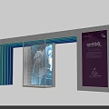 Event Entrance Featuring White Structure Blue Decorative Strips Glass Panels And Purple Billboard Design