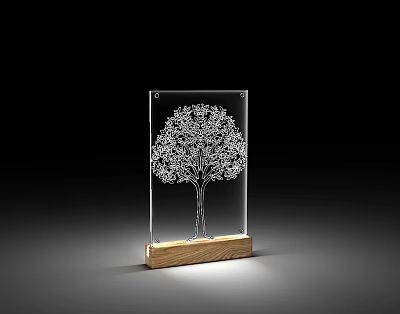 Modern Minimalist Table Lamp With Transparent Acrylic White Tree Pattern And Wooden Base 3d model