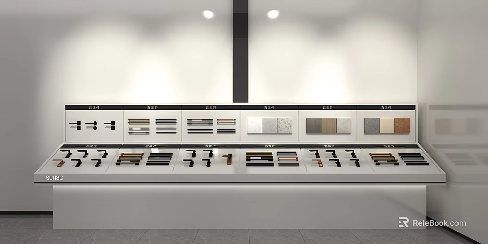 Modern Showroom Display Shelves Showcasing Various Decorative Material Samples Under Bright Lighting 3d model