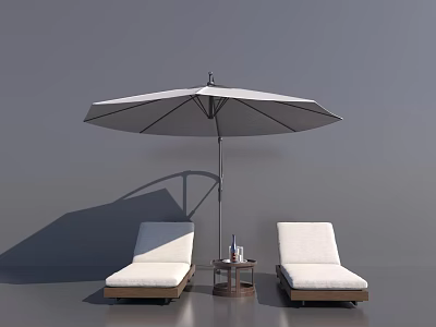 Outdoor White Lounge Chairs With Wooden Frame Umbrella And Small Side Table 3d model