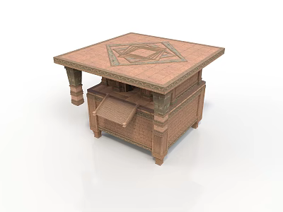 Traditional Architectural Wooden Table With Intricate Geometric Pattern And Drawer 3d model