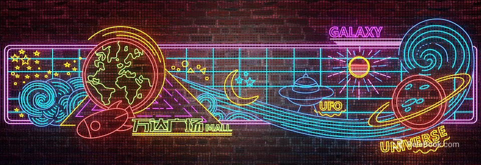 Neon Style Decorative Lights With Moon Stars UFO On Brick Wall For Wanda Plaza Mall 3d model 