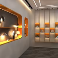 Modern Exhibition Hall Interior Design With Orange Pillar Shelves White Walls And Display Lamps