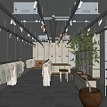 Modern Clothing Store Interior With Hanging White Clothes Gray Walls And Wooden Tables