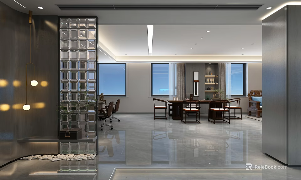Modern Office Interior Design With Glass Partition Large Windows And Conference Furniture 3d model 