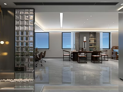 Modern Office Interior Design With Glass Partition Large Windows And Conference Furniture 3d model