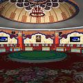 Luxurious Private Room Interior With Circular Decorative Ceiling Chandelier Green Carpet Wall TV And Seating