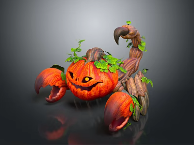 Halloween Decorative Scorpion Figure With Carved Pumpkin Body And Green Vines 3d model