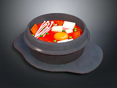 Korean Spicy Dolsot Bibimbap in Stone Pot with Tofu Egg Green Onions and Rice Cakes 3d model