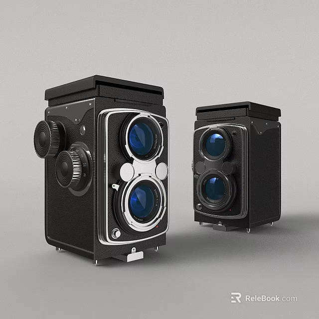 Two Retro Digital Cameras With Dual Blue Lenses Black Body And Control Knobs 3d model