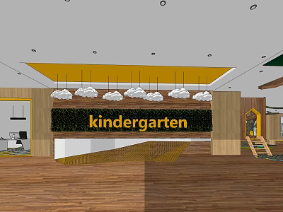 Bright Kindergarten Interior With Wooden Decor Pendant Lights And Activity Area 3d model
