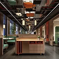 Elegant Modern Restaurant Interior With Wooden Counter Hanging Lamps Green Plants And Seating Areas