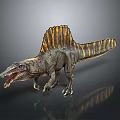 Spinosaurus Dinosaur Model With Sail Back Striped Body Open Mouth Gray Background Reflection