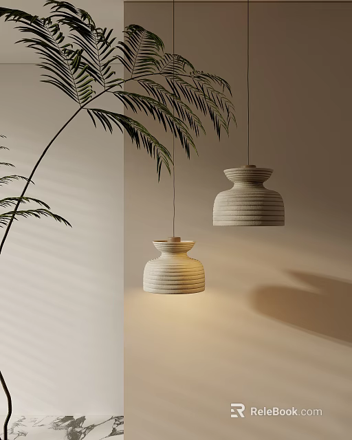 Minimalist Ribbed Beige Ceramic Pendant Lights With Soft Shadow In Bright Interior Space 3d model 