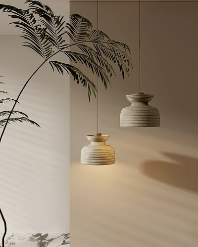 Minimalist Ribbed Beige Ceramic Pendant Lights With Soft Shadow In Bright Interior Space 3d model