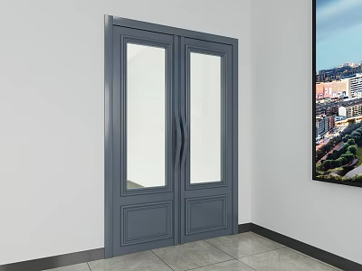 Gray Double Swing Door With Glass Panels Contemporary Home Interior Design 3d model