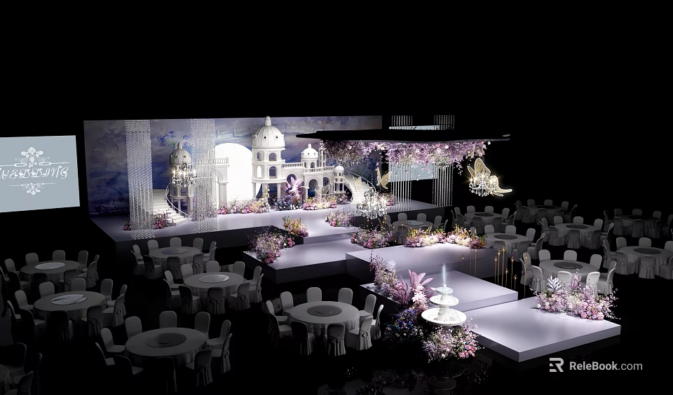 Wedding Stage with White Architectural Decorations Purple Pink Floral Arrangements and Dining Tables 3d model 