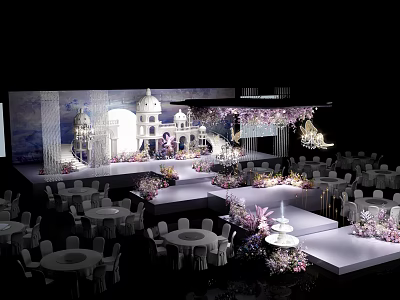 Wedding Stage with White Architectural Decorations Purple Pink Floral Arrangements and Dining Tables 3d model