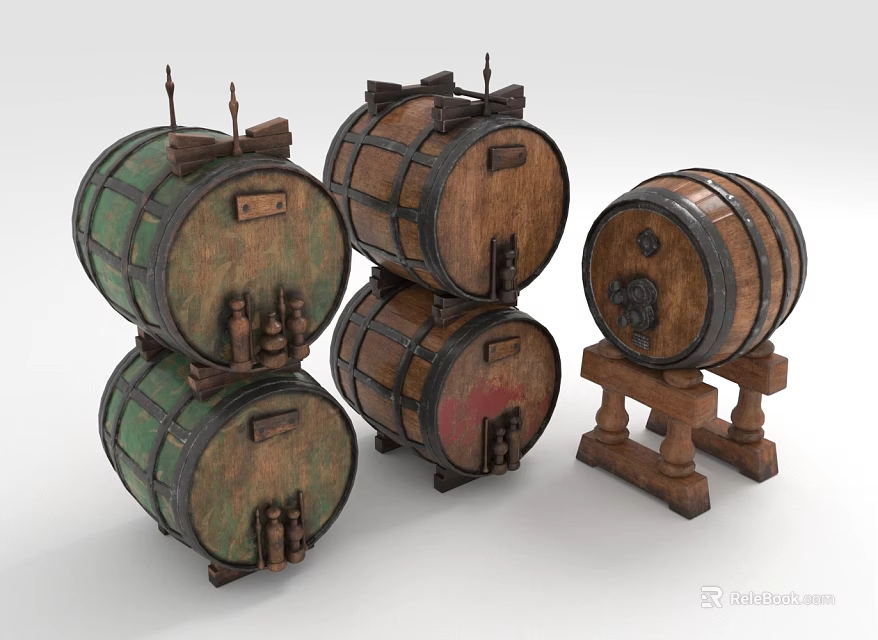 Decorative Ornament Set With Wooden Barrels Stacked Design And Stand Base Green Brown 3d model 