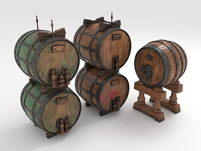 Decorative Ornament Set With Wooden Barrels Stacked Design And Stand Base Green Brown 3d model