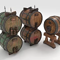 Decorative Ornament Set With Wooden Barrels Stacked Design And Stand Base Green Brown