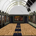 Spacious Art Gallery Interior With Paintings Benches Wooden Floor And Vaulted Ceiling Skylights