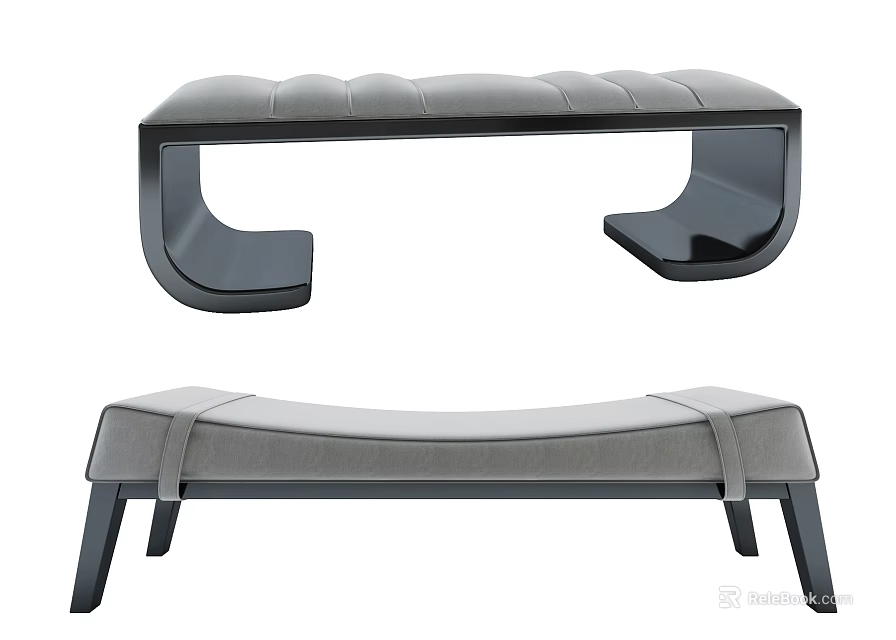 Modern Upholstered Benches With Curved And Straight Leg Designs In Black Grey Tones 3d model 
