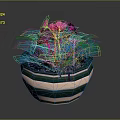 Potted Plant With Pink And Blue Flowers Green Leaves In Striped Pot