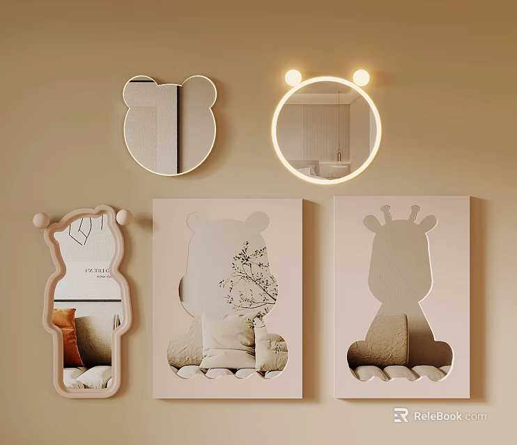 Decorative Animal Shaped Mirrors Bear Round and Giraffe Designs on Beige Wall for Kids Room 3d model 