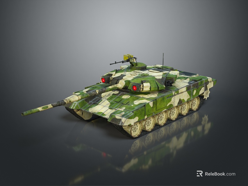 Military Camouflage Tank With Long Gun Barrel Tracks Turret And Reflective Surface 3d model 