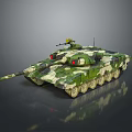 Military Camouflage Tank With Long Gun Barrel Tracks Turret And Reflective Surface