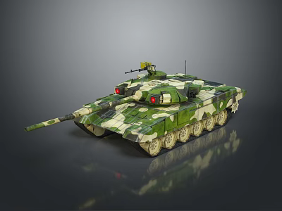 Military Camouflage Tank With Long Gun Barrel Tracks Turret And Reflective Surface 3d model