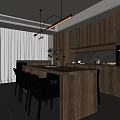 Modern Restaurant Open Kitchen Interior With Island Counter Cabinets And Lighting