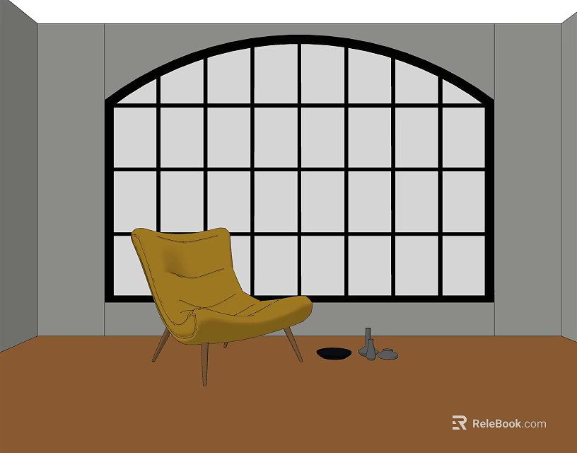 Yellow Armchair In Interior With Arched Black Frame Grid-Patterned Window And Brown Floor 3d model 