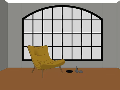 Yellow Armchair In Interior With Arched Black Frame Grid-Patterned Window And Brown Floor 3d model