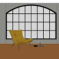 Yellow Armchair In Interior With Arched Black Frame Grid-Patterned Window And Brown Floor