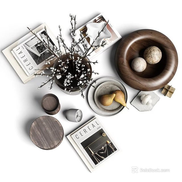 Modern Decorative Ornament Set With Wooden Bowl Balls Ceramic Plate Pears Dried Branches And Magazines 3d model 