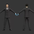 Man in Plaid Suit With Blue Gloves Front and Back Views on Gray Background