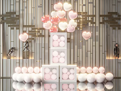 Pink And White Inflatable Heart Balloons With Stacked Cube Decor For Event Backdrop 3d model