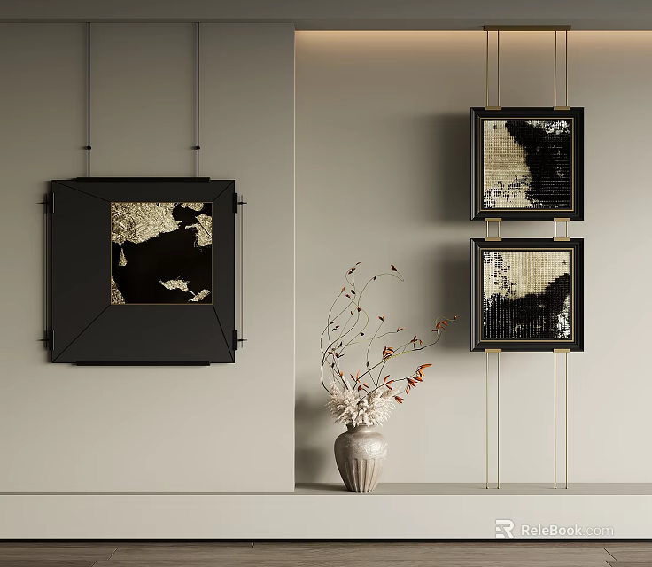 Modern Interior With Black Framed Wall Art And Decorative Vase Arrangement 3d model 