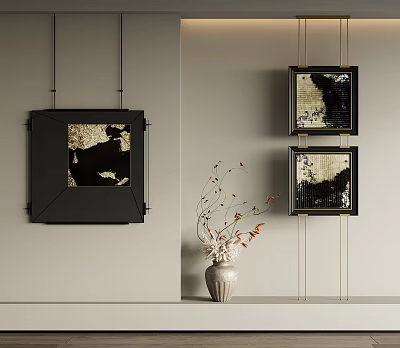 Modern Interior With Black Framed Wall Art And Decorative Vase Arrangement 3d model