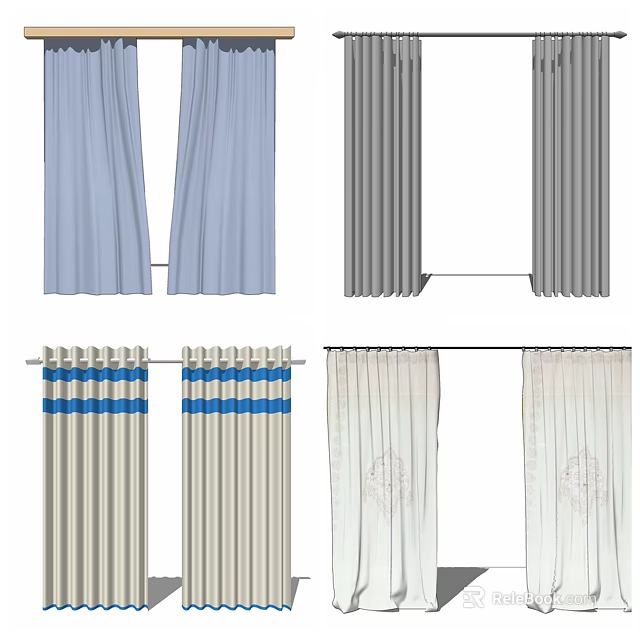 Curtains In Various Colors And Patterns Including Blue Gray Beige Stripes For Home Decor 3d model 