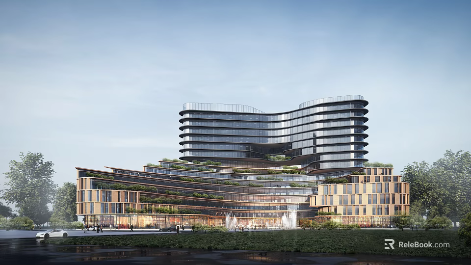 Modern Multi Storey Office Building with Curved Glass Facade Greenery Covered Lower Floors and Fountain 3d model 