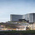 Modern Multi Storey Office Building with Curved Glass Facade Greenery Covered Lower Floors and Fountain