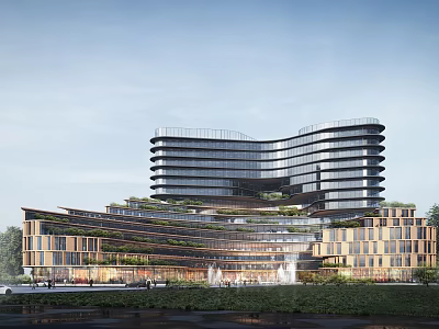 Modern Multi Storey Office Building with Curved Glass Facade Greenery Covered Lower Floors and Fountain 3d model